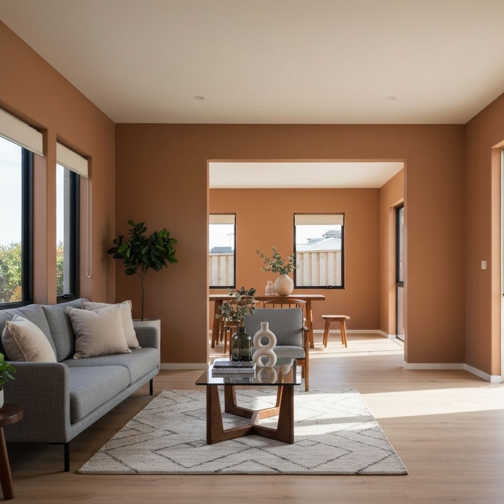 Freshly painted modern interior living room — warm tones, clean finish